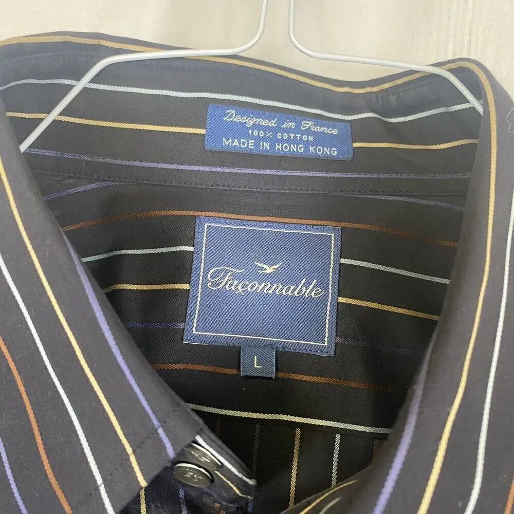 Faconnable mens black striped button up shirt Large